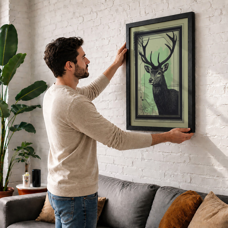 Antlered Deer Boho - Framed Print, Oak, A3 - 42.0 x 29.7 cm