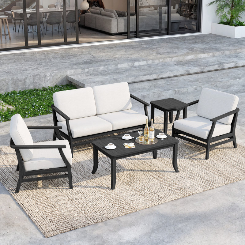 Clinkscales Teak Outdoor Four-person Patio Set with Cushions and Two Tables, Beige, Black