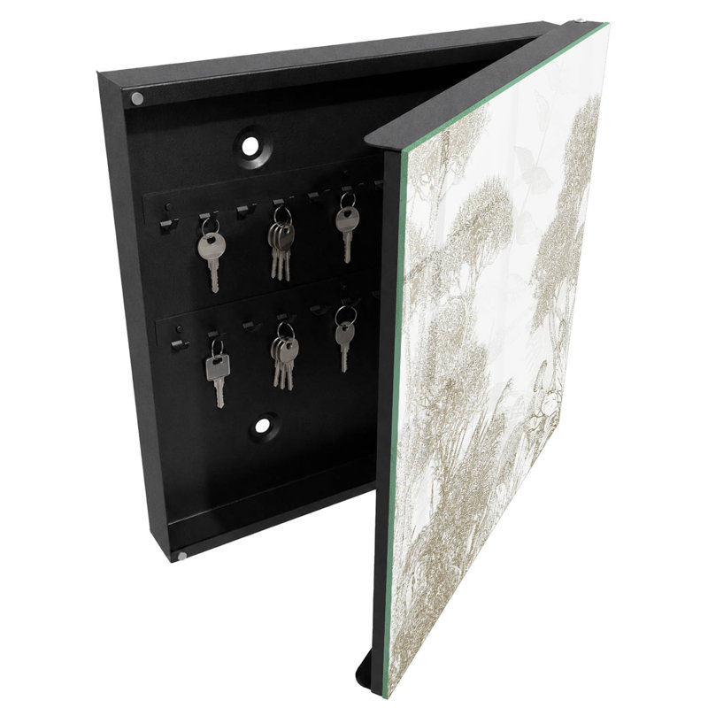Wall mounted key box, Opens to the left, 30x30x5, White, A subtle plant pattern in natural shades, 