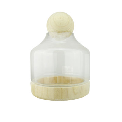 Ouragan 12,5 po en verre transparent avec couvercle et base en bois
