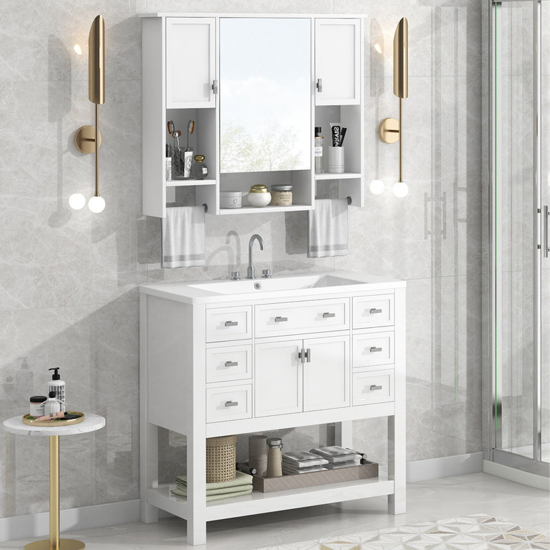 Meuble-lavabo moderne 36 po avec lavabo supérieur et armoire à miroir avec barre à serviettes, Blanc