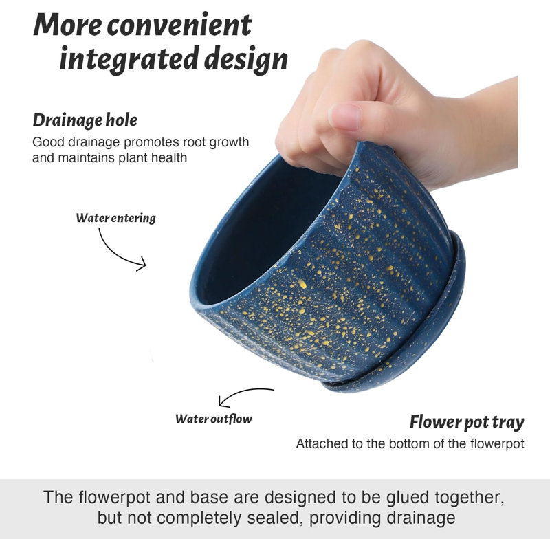 Ensemble de 3 pots à plantes en céramique bleu avec drainage et soucoupes