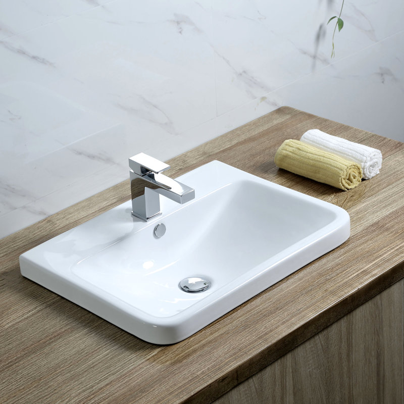 White Ceramic Rectangular Drop-In Bathroom Sink with Overflow