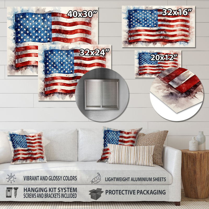 Aquarelle, drapeau américain II - drapeau États-Unis, art mural en métal, H 24 po x l 32 po x P 1 po