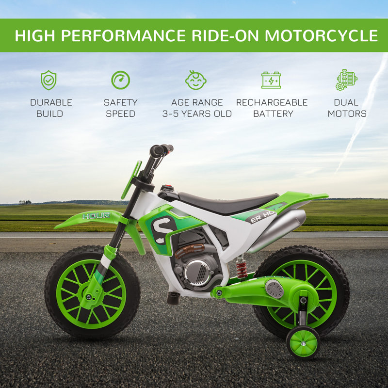 Green 12V Electric Kids Ride-On Motorcycle with Training Wheels