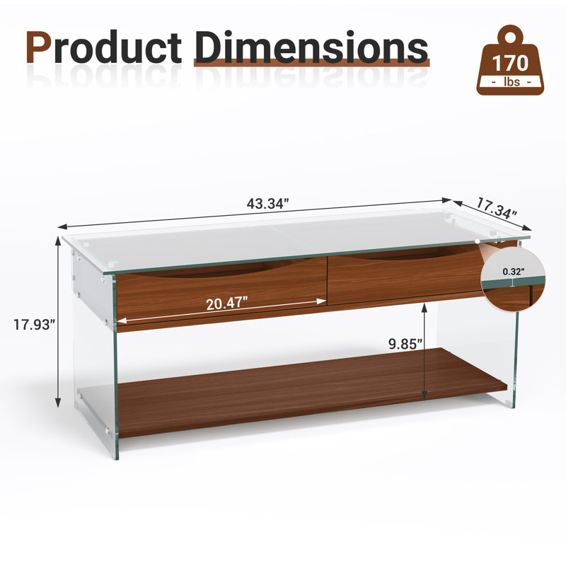 43'' W Rectangular Coffee Table with Tempered Glass Top, Walnut Finish, Drawers & Open Shelf