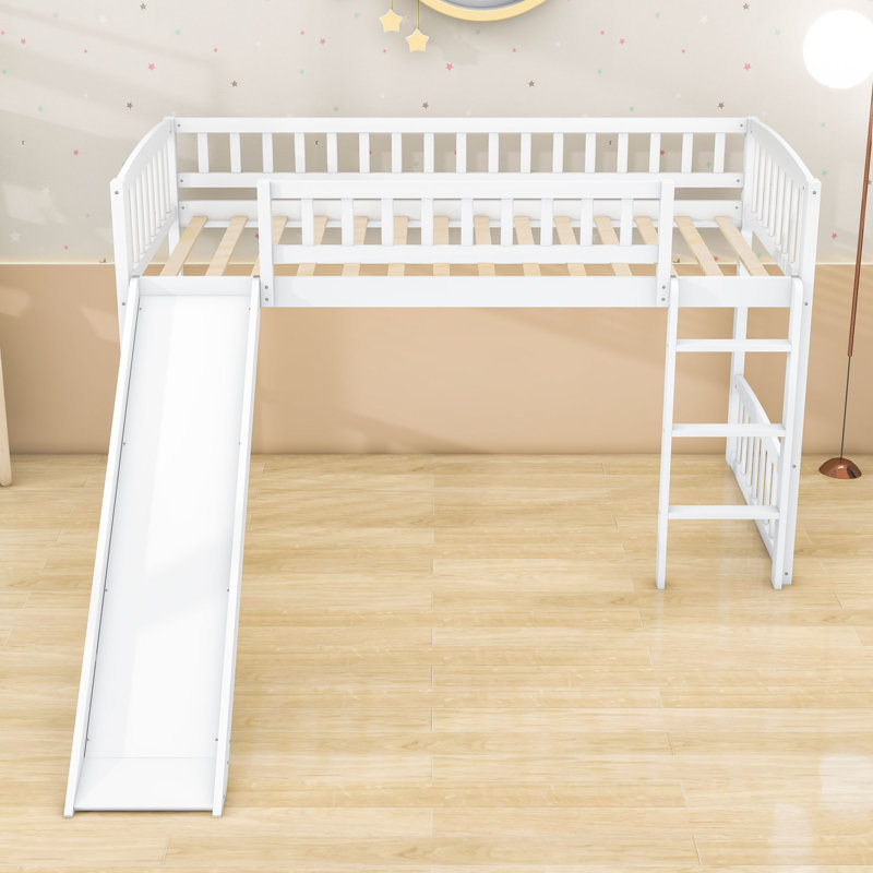 Twin Size Wood Loft Bed With Slide And Guardrails, White