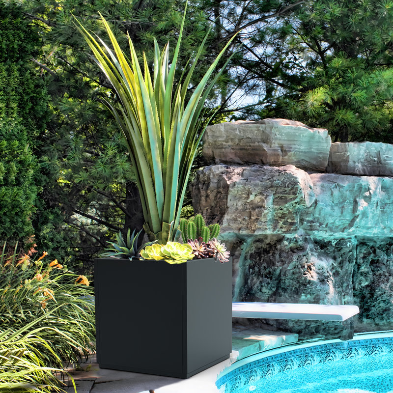 Boîte à fleurs en métal - Grande boîte à fleurs avec trous de drainage pour l'extérieur, H 18 po x l 17 po x P 17 po, Noir