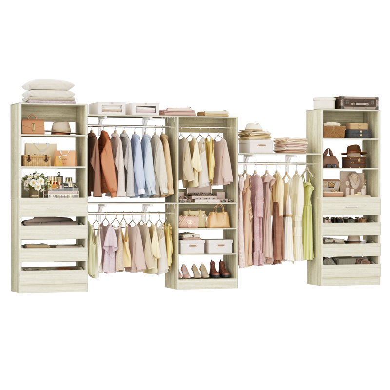 Seward Closet System With 8 Drawers, 4 Hanging Rods, Washed Oak