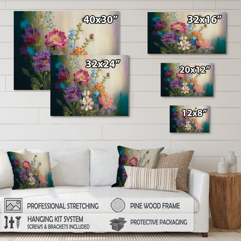 Painted Blossoming Wildflowers III - Floral Wall Art, Wrapped Canvas, 16" H x 32" W
