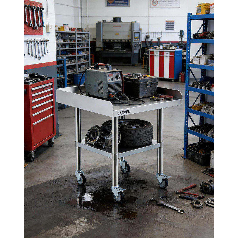 Mobile Stainless Steel Prep Table with Splash Guard & Undershelf, Heavy Duty Commercial Kitchen Cart, 26" H x 36" L x 24" W