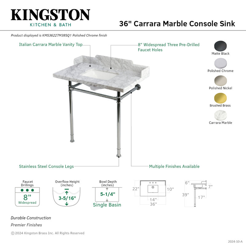 Kingston Brass Wesselman 36-Inch Carrara Marble Console Sink with Stainless Steel Legs (8-Inch, 3-Hole), Polished Nickel