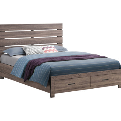 Queen Panel Bed With Slatted Headboard, Storage Drawers, And A Oak Finish On Engineered Wood For Bedroom Furniture Design