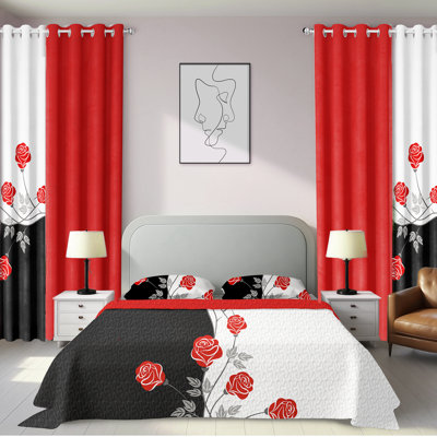 Ensemble de literie et de rideaux 9 pièces pour grand lit 2 pièces Red Queen (grand) - Couvre-lit matelassé en microfibre + voilages