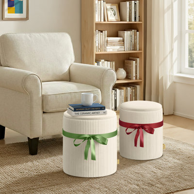 Round Ottoman Set Of 2, Velvet Footstool With Lift Top Lid And Hidden Storage For Living Room And Bedroom