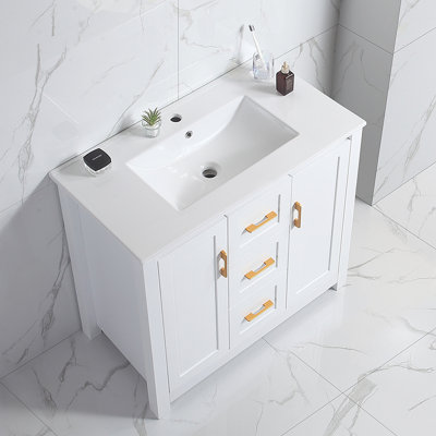 Meuble-lavabo blanc 36 po avec lavabo simple, armoire encastrée combinée, armoire de rangement avec 2 portes et 2 tiroirs, fermeture en douceur, rangement multifonctionnel