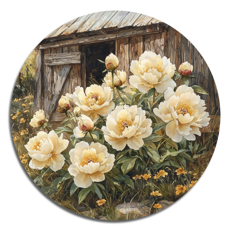 Pivoines par le vieux poulailler I - Décoration murale ronde en métal pivoines, H 16 po x l 16 po
