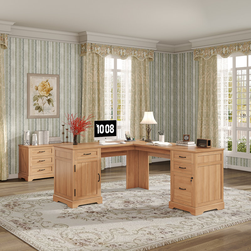 67'' Farmhouse L Shaped Desk with Drawers, Home office Corner Computer Desk with File Storage and Charging Station