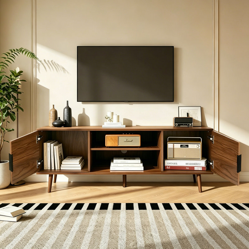 Meuble télé de 54,3 pouces de style Mid-Century cannelé avec tablettes ouvertes
