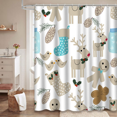 Merry Christmas Animal Bear Bunny Cartoon Shower Curtain with 12 Hooks