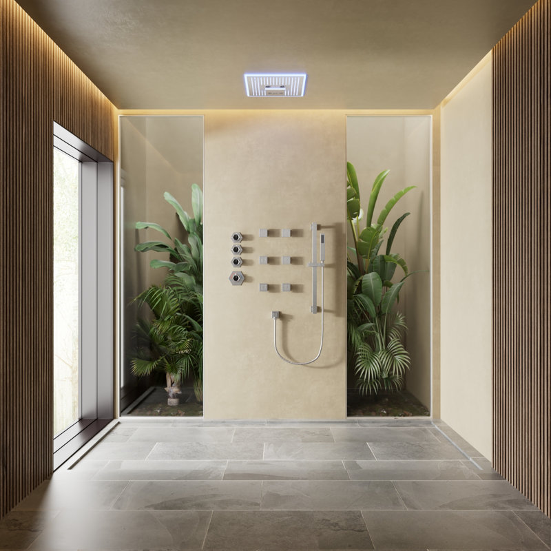 Robinet de douche thermostatique à DEL avec pomme de douche à haute pression 16 po avec musique Bluetooth, Nickel brossé
