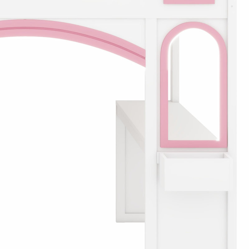 Lit mezzanine en bois pour enfants avec escalier de rangement, bureau, fenêtres, tablettes et lumières DEL pour enfants