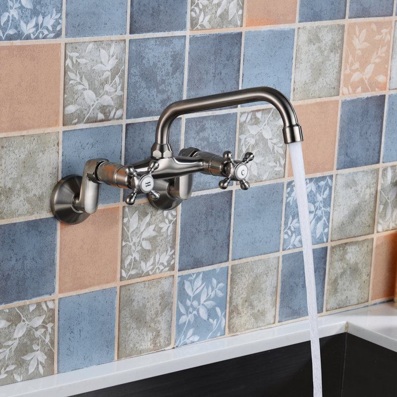 Kitchen Sink Faucet with Cross Handle, Swivel Spout Kitchen Faucet, Brushed Nickel
