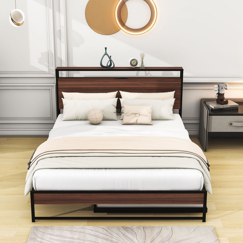 Wilhelmi Metal Platform Bed Frame with Trundle and USB Ports, Full, Black