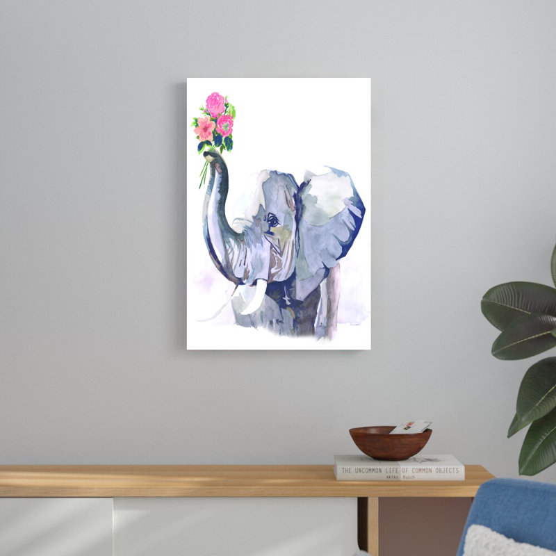 Éléphant tenant des fleurs - reproduction d'art sur toile tendue, H 30 po x l 20 po