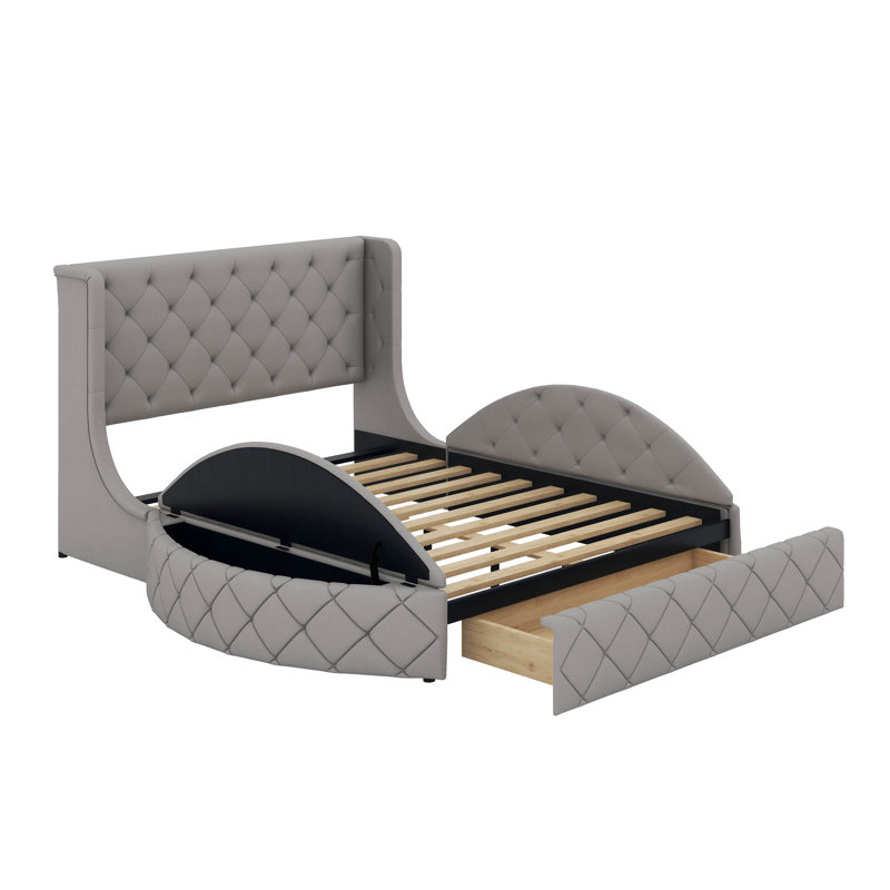 Grand lit plateforme tapissier en velours avec tête de lit et tiroir, gris