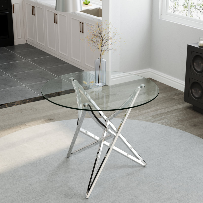 36 Inch Clear Tempered Glass Round Dining Table With Polished Metal Base, Silver