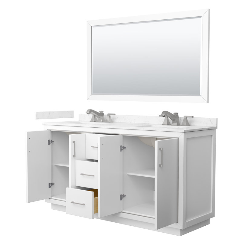 Strada 84" Freestanding Double Bathroom Vanity with Cultured Marble Top, Gray, 35" H x 66" W x 32" D, Matte Black