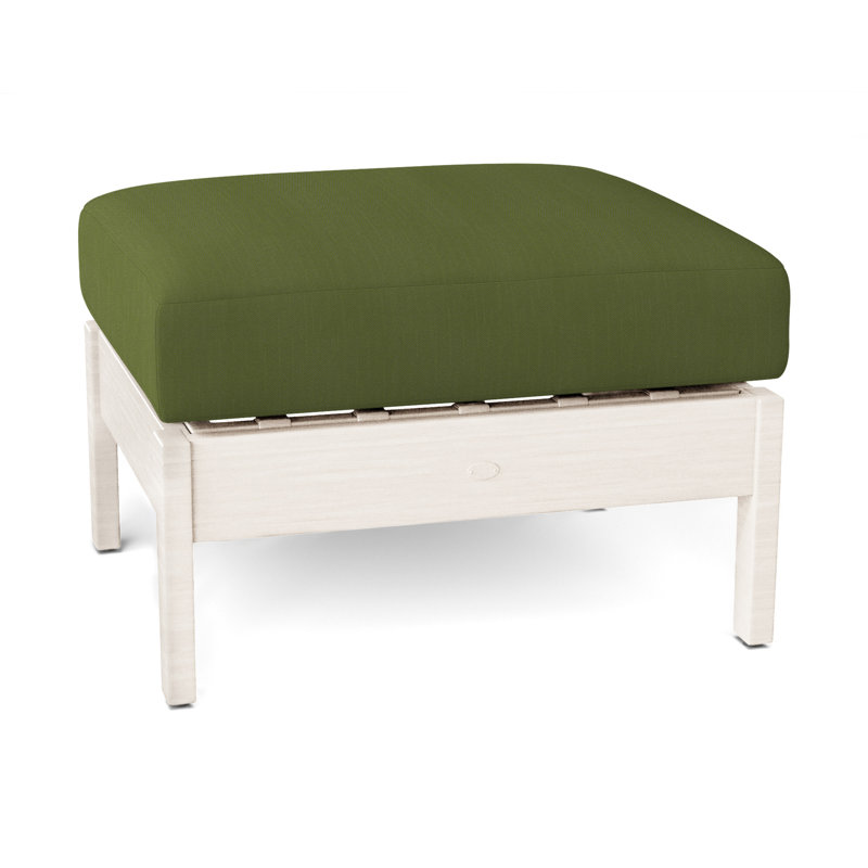 Kennebunkport Outdoor Ottoman with Cushion, No Welt, Chalk, Linen Forest