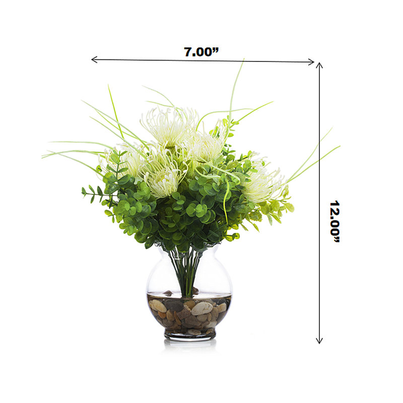Cream White Silk Peony and Eucalyptus Arrangement in Clear Glass Vase
