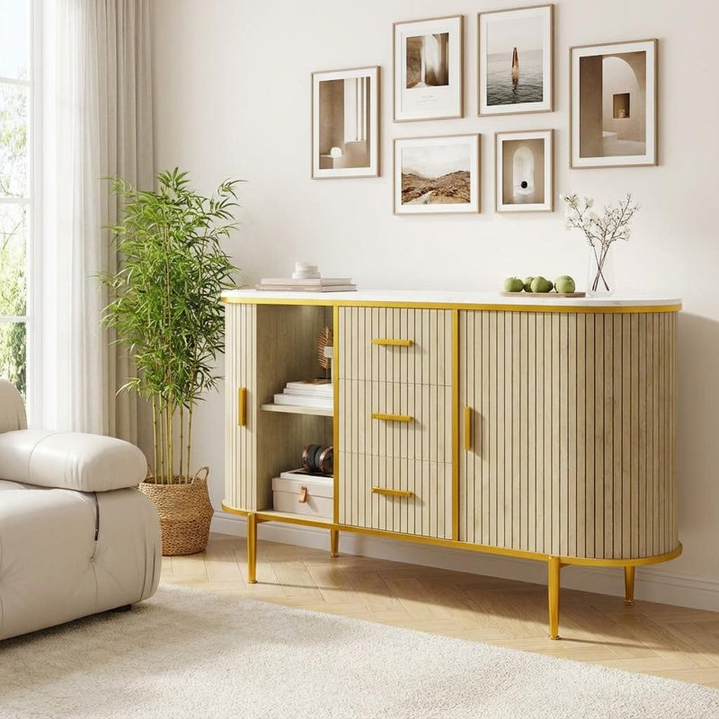 Buffet 47,3 po Mid-Century avec plateau en faux marbre, portes coulissantes cannelées et 3 tiroirs, buffet de rangement pour la cuisine, le salon ou le vestibule