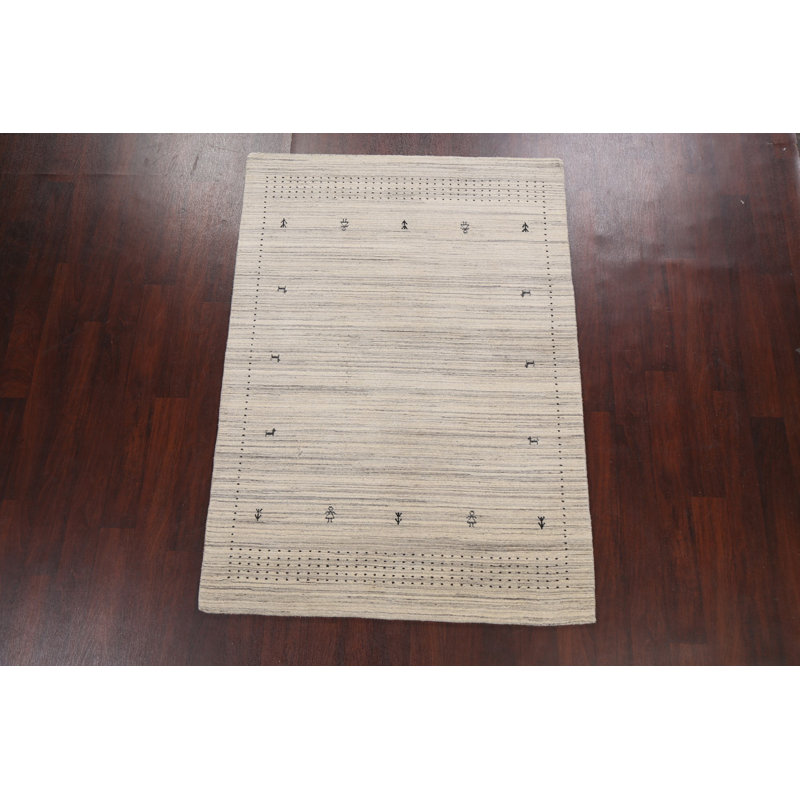 Tapis beige en laine noué à la main de conception unique 4 pi 6 po x 6 pi 4 po New Age