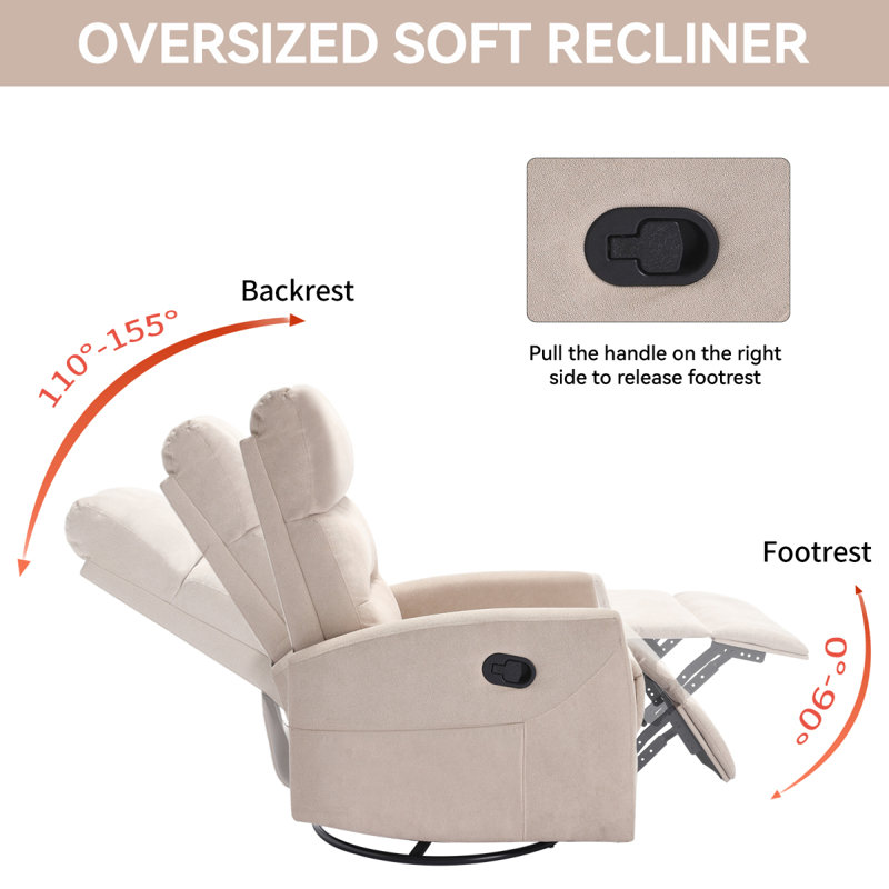 Manual Recliner Chair With Rocker And Swivel In Fabric For Living Room, Beige