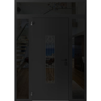 Porte avant en acier pré-suspendue à l'avant / émail noir Ronex 1477 / fenêtre extérieure latérale et supérieure à 2 panneaux latéraux en acier inoxydable / entrée en métal peint moderne l 14 + 36 + 14 po x H 80 + 16 po à droite