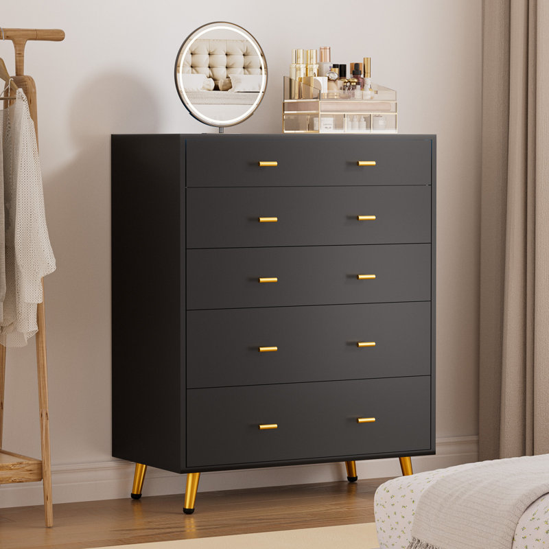 30.7"W 5 Drawer Dresser with LED Lights, 39"H Tall Chest Of Drawers For Bedroom & Wardrobe Closet Island With Tempered Glass Top & Jewelry Dresser & Glass Dresser, Black