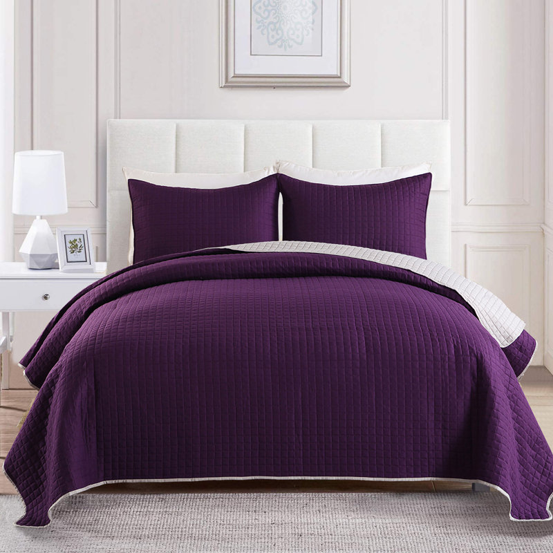 Solid Colour Quilt, King Quilt + 2 King Shams, Purple/Silver