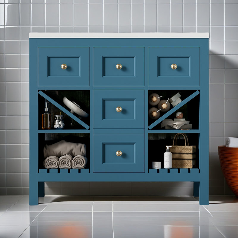 Ensemble de meuble-lavabo 36 po avec lavabo en résine, armoire de rangement en bois massif, ensemble de meuble-lavabo autoportant avec 5 tiroirs et portes à fermeture douce