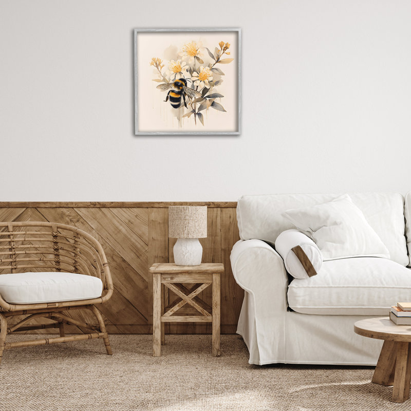 Gray Framed Honeybee with Daisies Canvas Print, 24" x 24"