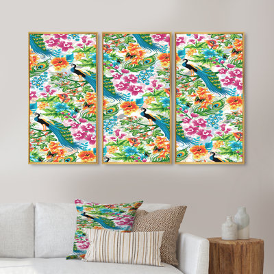 «Blue Peacocks and Green Foliage», ensemble de 3 impressions sur toile