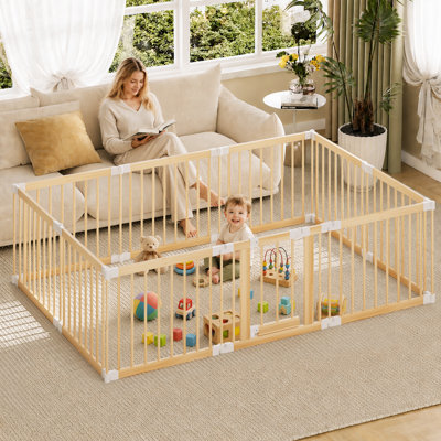 Grand parc en bois pliable - Barrière de bébé réglable en bois de pin massif avec porte, clôture de sécurité portable pour bébés et tout-petits (10 panneaux)