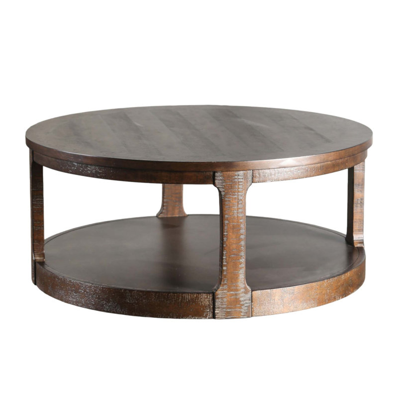 Table basse ronde de style transitionnel couleur expresso avec tablette inférieure et roulettes, pour les salons modernes et classiques.