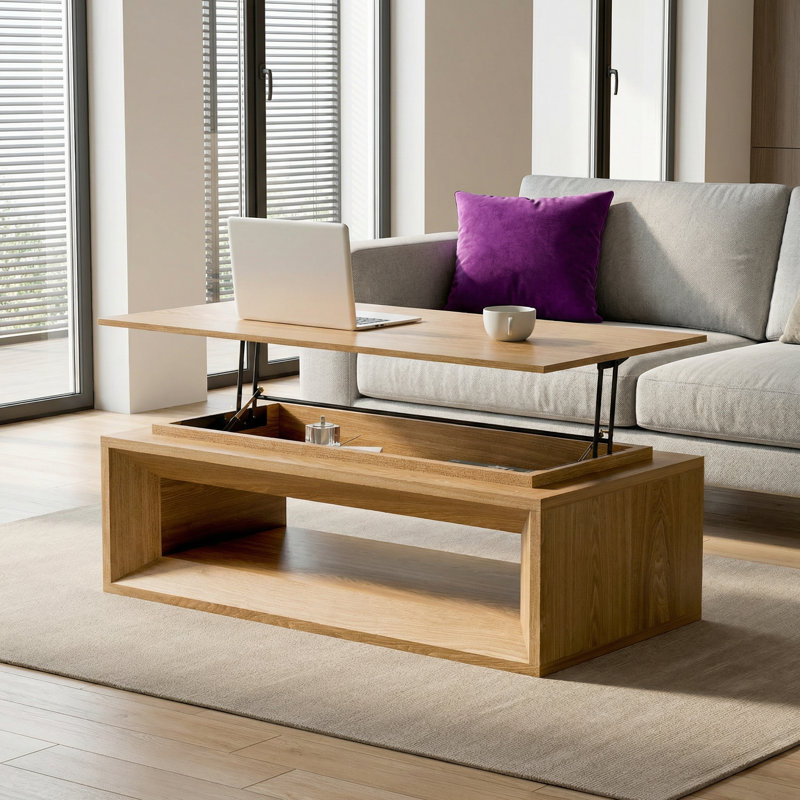 Table basse en bois massif Ã  plateau relevable avec tablette de rangement et compartiment dissimulÃ©, table d'appoint moderne plaquÃ©e Ã  hauteur rÃ©glable pour le salon d'un appartement