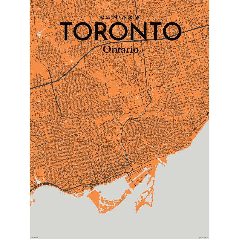 « toronto city map », impression sur affiche, reproduction d’art orange, H 17 po x l 11 po