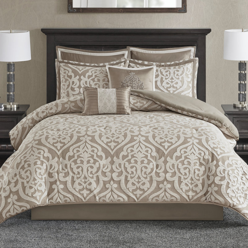 Odette Luxury 8 Piece Jacquard Comforter Set, Tan/Ivory, King Comforter + 7 Additional Pieces
