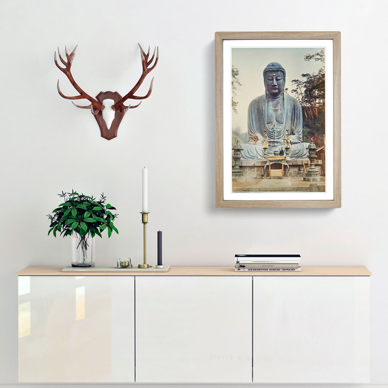 Bronze Buddha at Kamakura by Kazumasa Ogawa - Picture Frame Graphic Art Print, Oak Framed, 36cm H x 27cm W x 2cm D