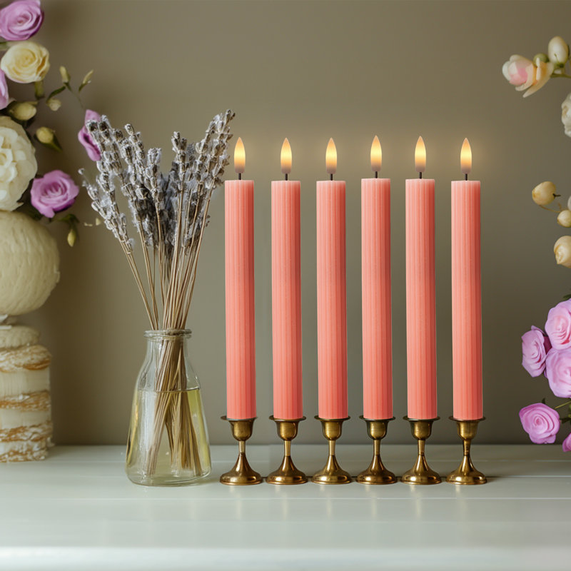 Fluted Ribbed Grooved LED Flameless Taper Candles, Remote, On/Off Button, Battery Operated, 6 Pack, Peach